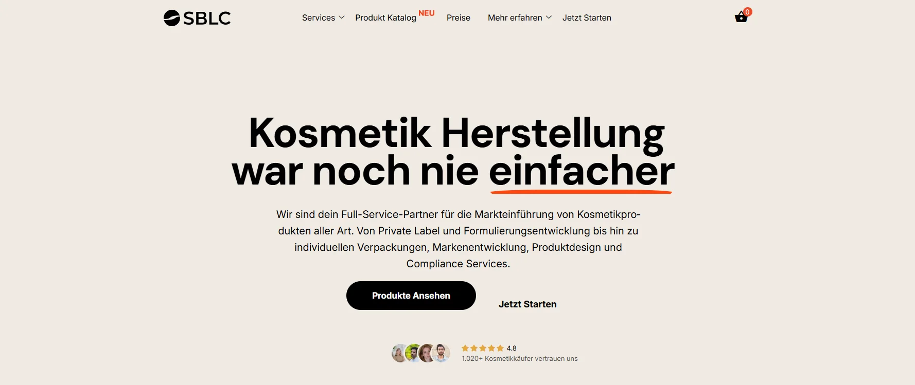 SBLC website banner with the headline 'Kosmetik Herstellung war noch nie einfacher' and information about their cosmetic manufacturing services.